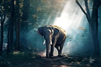 Digital painting of a tusked elephant standing in a misty forest illuminated by bright rays of sunlight. | PrintPosters.in