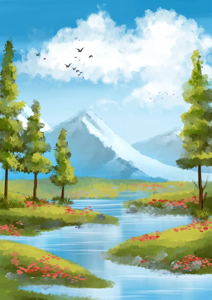 Sunny Mountain River Meadow Canvas Print wall art print | PrintPosters.in