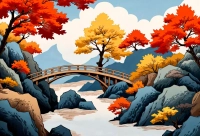 Japanese landscape illustration of a wooden arched bridge over a stream surrounded by vibrant red and yellow autumn trees. | PrintPosters.in