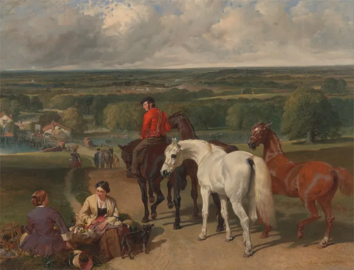 19th-century oil painting of horses, a horseman in a red coat, and seated country women overlooking a valley. | PrintPosters.in