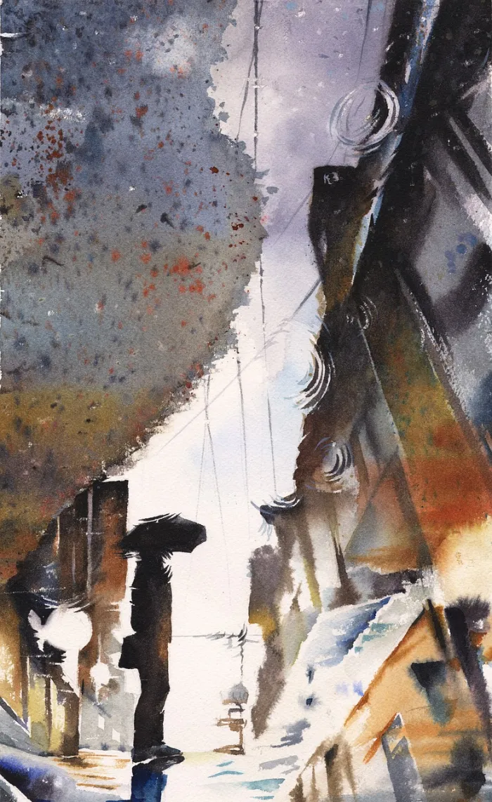 Watercolor painting of a dark silhouette figure with an umbrella on a wet city street with puddle reflections. | PrintPosters.in