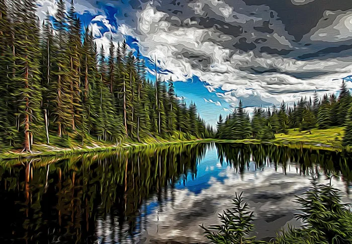Textured impasto expressionist landscape painting of tall pine trees reflecting in a calm lake under a cloudy blue sky. | PrintPosters.in