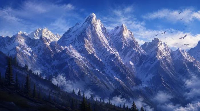 Dramatic snow-capped mountain peaks towering under a crisp blue sky with eagles soaring above pine tree slopes. | PrintPosters.in