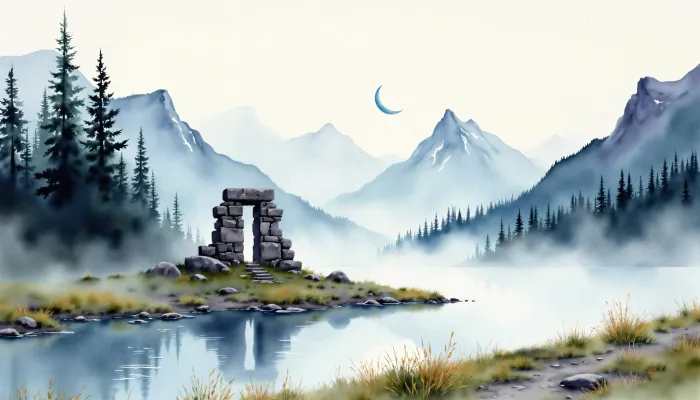 Soft watercolor painting of an ancient stone arch on a misty mountain lake shore under a crescent moon. | PrintPosters.in