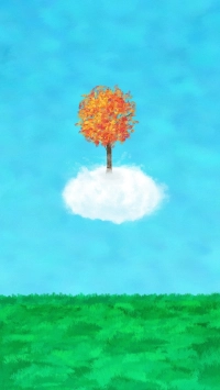 A whimsical autumn tree with orange leaves floating on a white cloud in a sky blue background above green grass. | PrintPosters.in