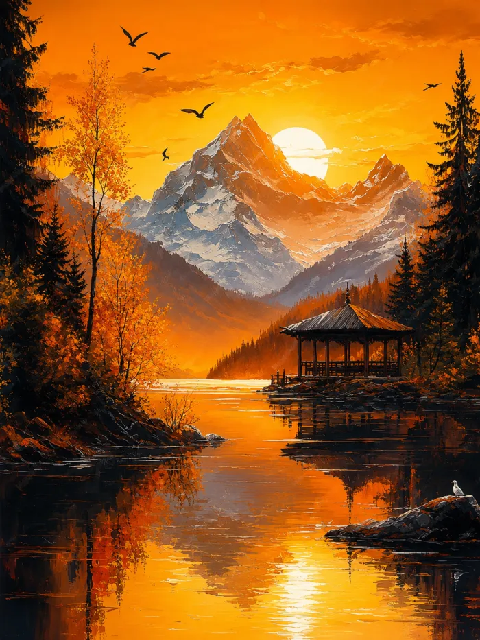 Vibrant Orange Mountain Lake Pavilion Canvas wall art print | PrintPosters.in
