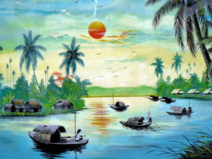 Traditional Vietnamese River Sunset Canvas wall art print | PrintPosters.in