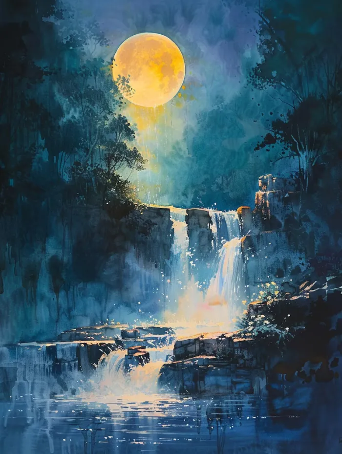Mystical Waterfall Moon Watercolor Canvas wall art print | PrintPosters.in