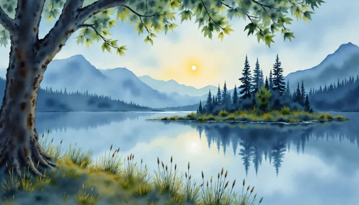 Serene Watercolor Lakeside Sunrise Canvas wall art print | PrintPosters.in