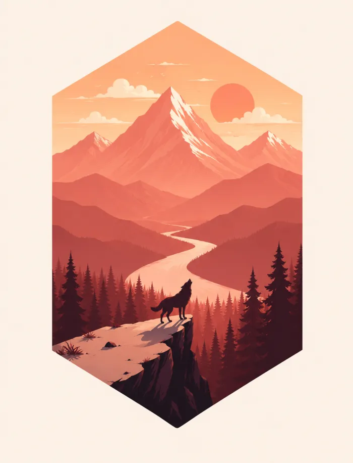 Geometric Howling Wolf Sunset Landscape Canvas wall art print | PrintPosters.in