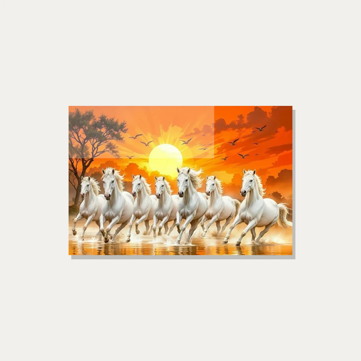 Seven majestic white horses galloping forward through water against a vibrant orange and golden sunrise sky. — acrylic preview | PrintPosters.in