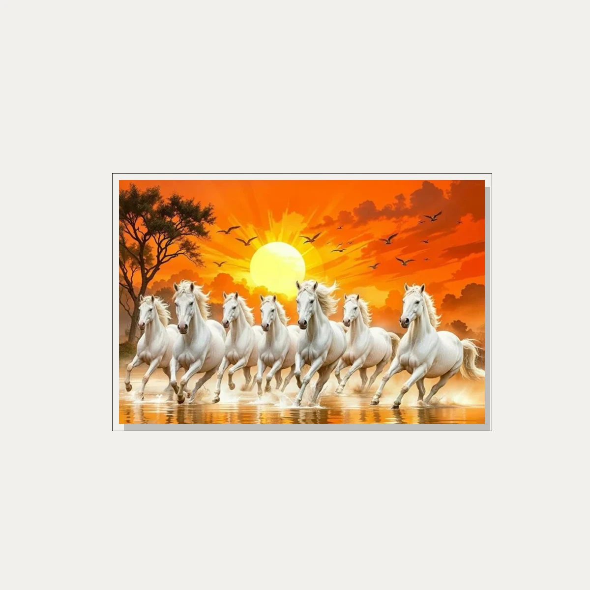 Seven majestic white horses galloping forward through water against a vibrant orange and golden sunrise sky. — floater frame preview | PrintPosters.in