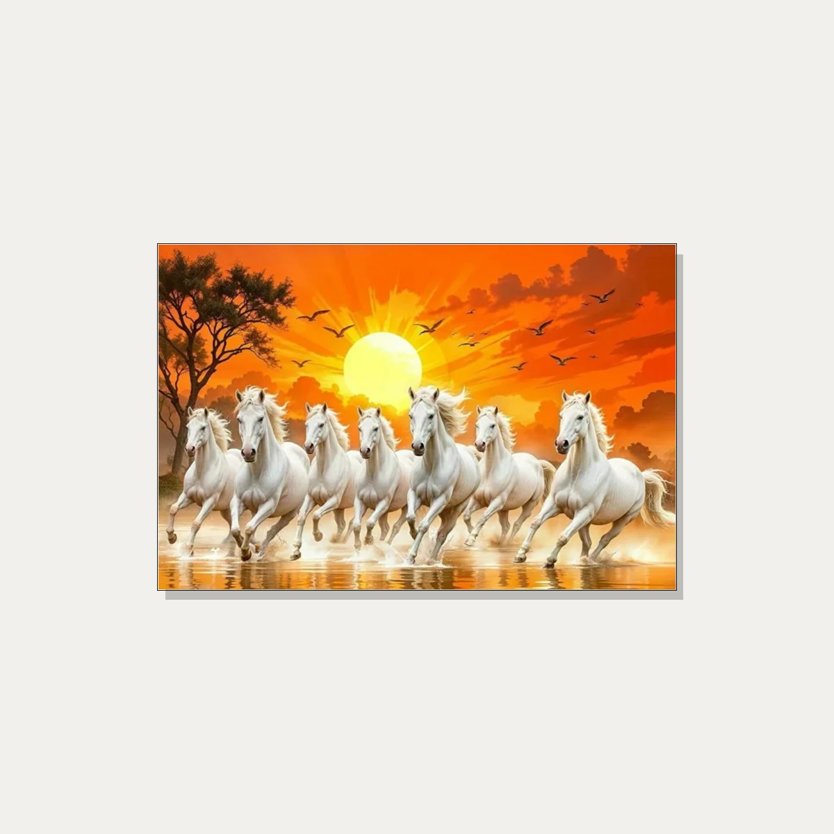 Seven majestic white horses galloping forward through water against a vibrant orange and golden sunrise sky. | PrintPosters.in