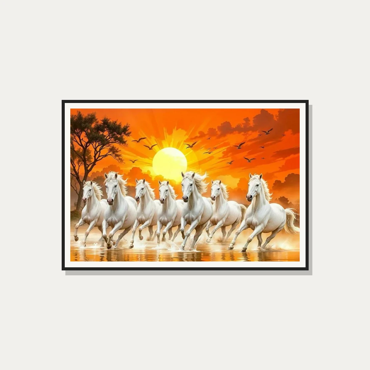 Seven majestic white horses galloping forward through water against a vibrant orange and golden sunrise sky. — photo frame preview | PrintPosters.in