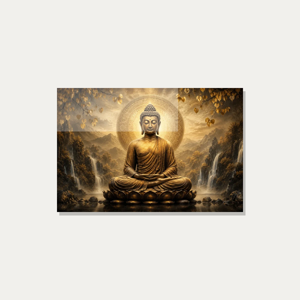 A golden statue of Lord Buddha meditating on a lotus throne amidst misty mountains and waterfalls under golden Bodhi leaves. — acrylic preview | PrintPosters.in