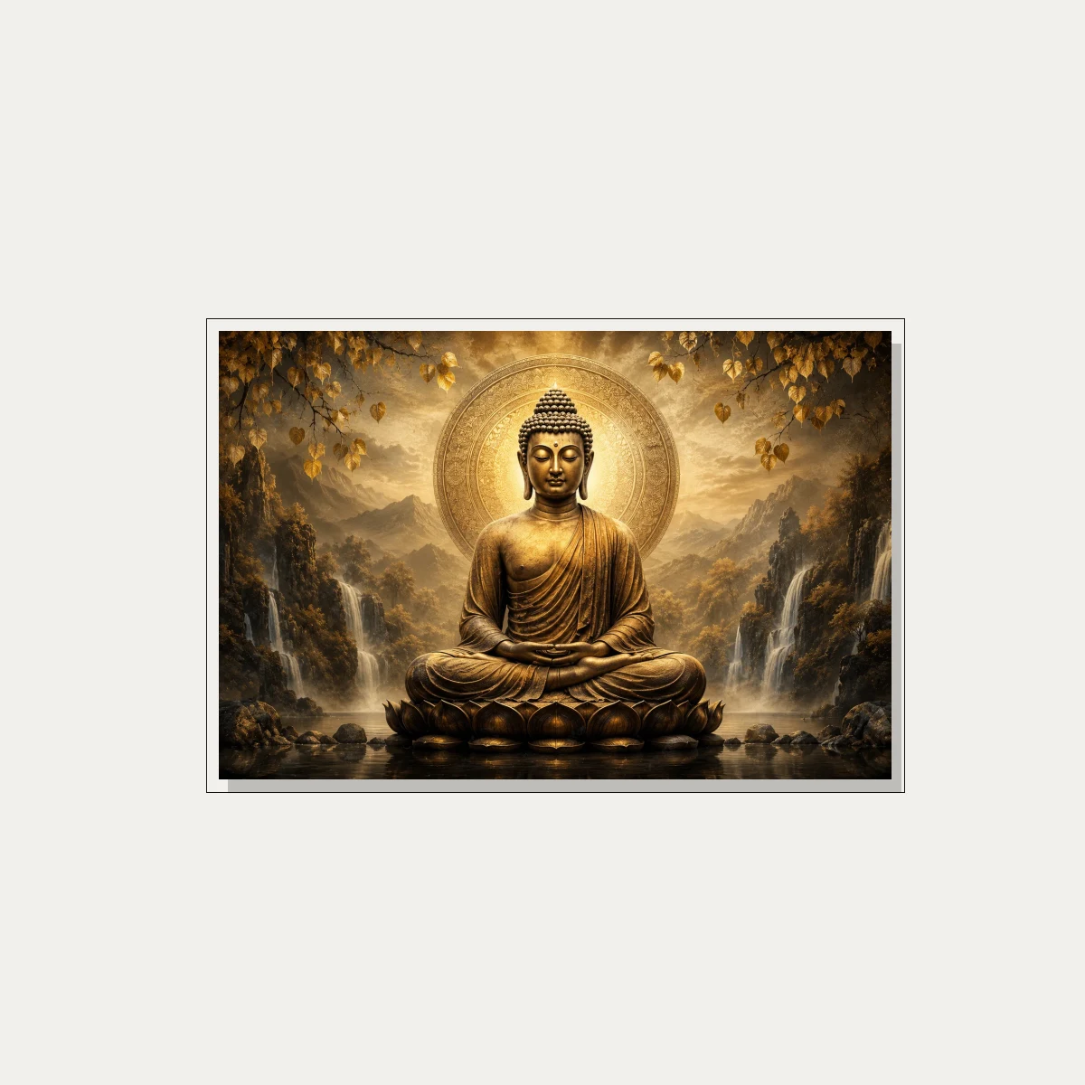 A golden statue of Lord Buddha meditating on a lotus throne amidst misty mountains and waterfalls under golden Bodhi leaves. — floater frame preview | PrintPosters.in