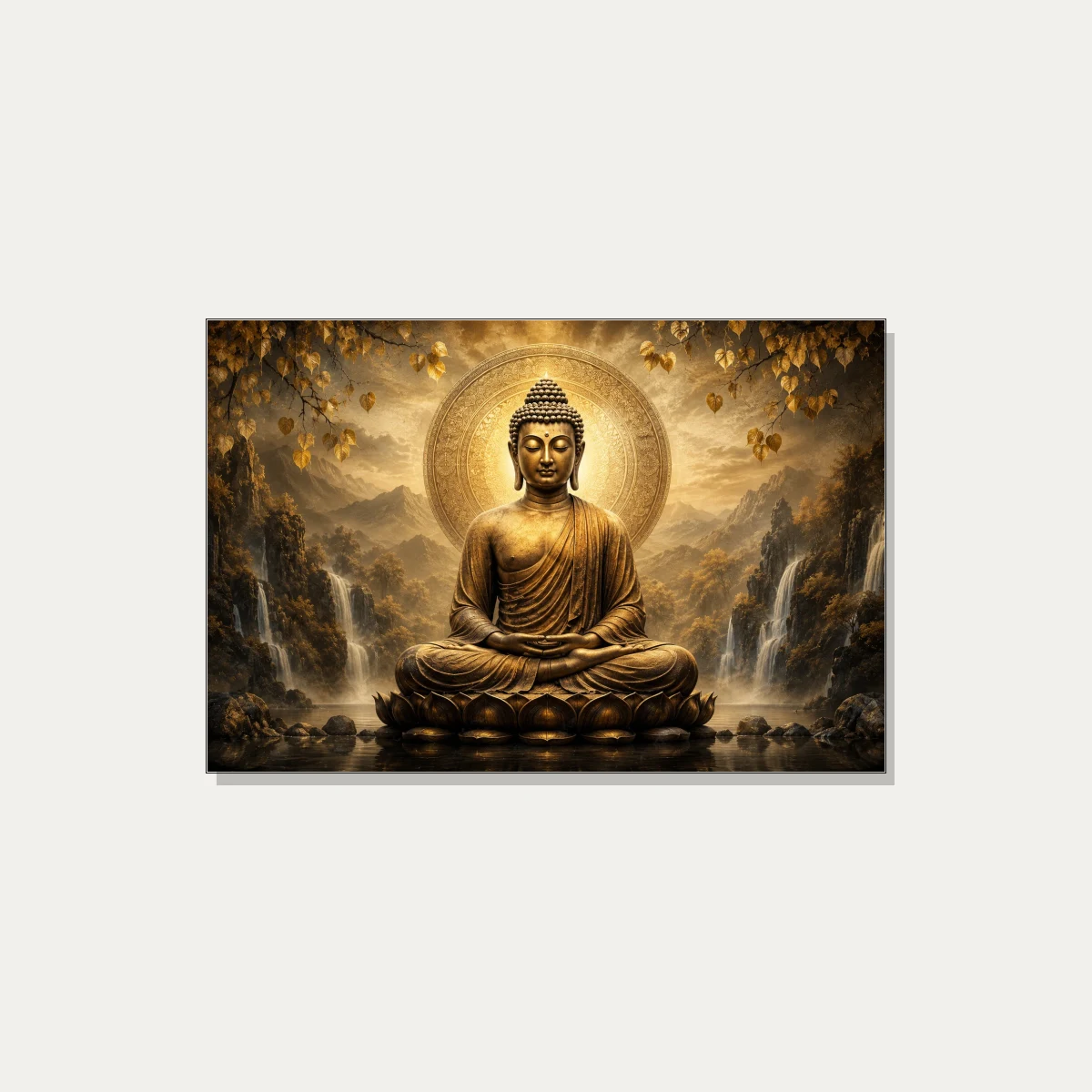 A golden statue of Lord Buddha meditating on a lotus throne amidst misty mountains and waterfalls under golden Bodhi leaves. | PrintPosters.in