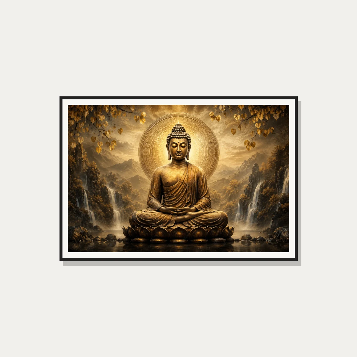 A golden statue of Lord Buddha meditating on a lotus throne amidst misty mountains and waterfalls under golden Bodhi leaves. — photo frame preview | PrintPosters.in