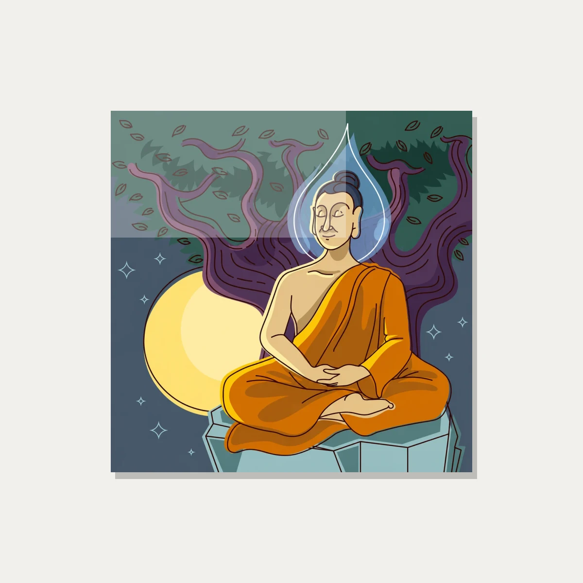 A modern vector illustration of Lord Buddha meditating under the Bodhi tree at night with a full moon. — acrylic preview | PrintPosters.in