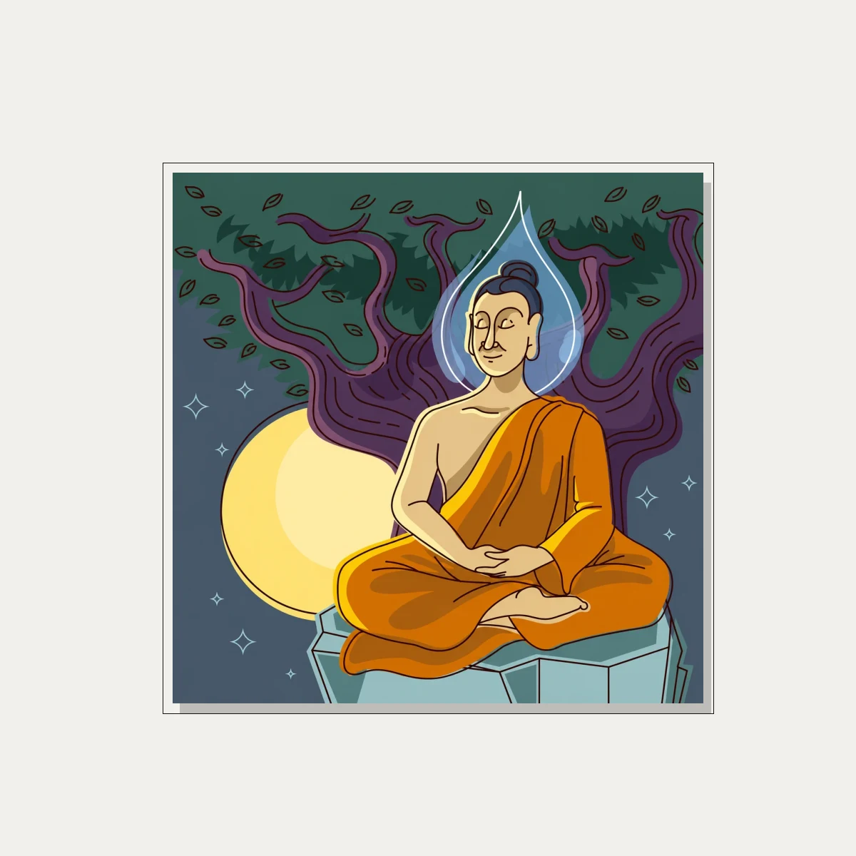 A modern vector illustration of Lord Buddha meditating under the Bodhi tree at night with a full moon. — floater frame preview | PrintPosters.in