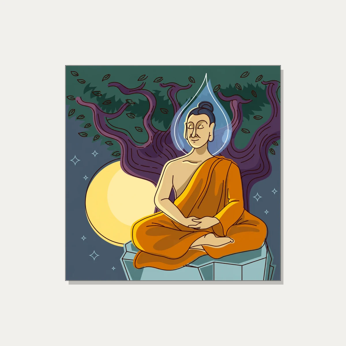 A modern vector illustration of Lord Buddha meditating under the Bodhi tree at night with a full moon. | PrintPosters.in