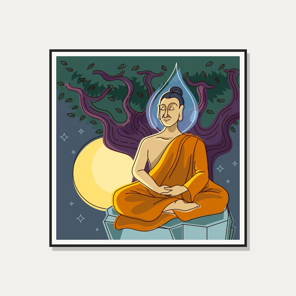 A modern vector illustration of Lord Buddha meditating under the Bodhi tree at night with a full moon. — photo frame preview | PrintPosters.in