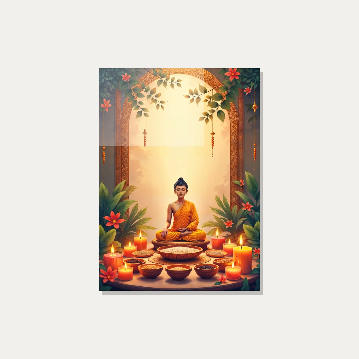 A serene digital painting of Gautama Buddha meditating in saffron robes, surrounded by glowing candles and bowls of grains. — acrylic preview | PrintPosters.in