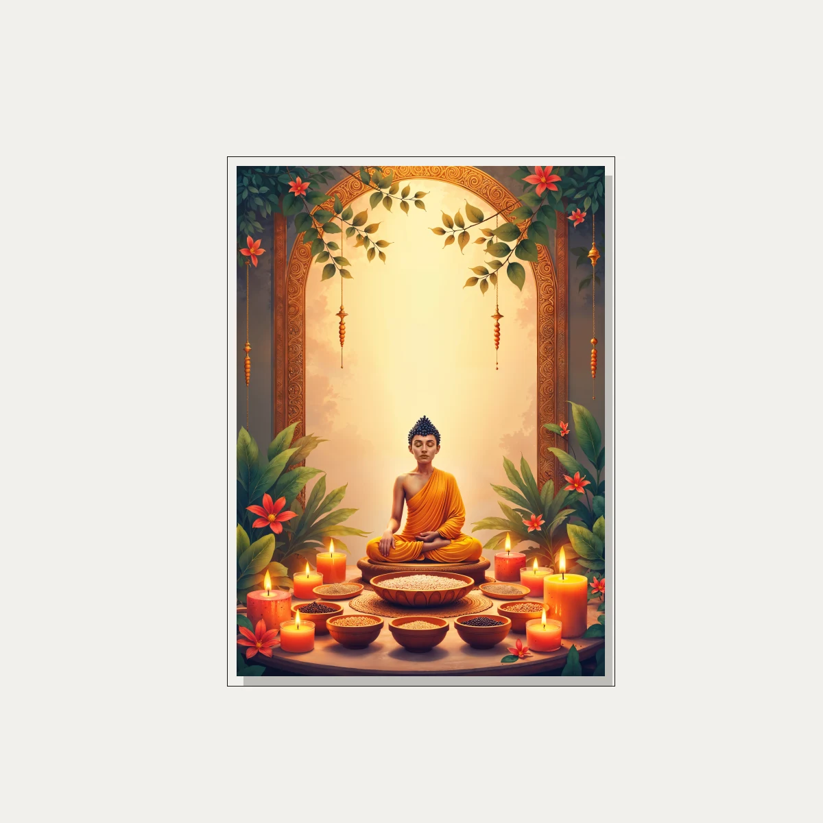 A serene digital painting of Gautama Buddha meditating in saffron robes, surrounded by glowing candles and bowls of grains. — floater frame preview | PrintPosters.in