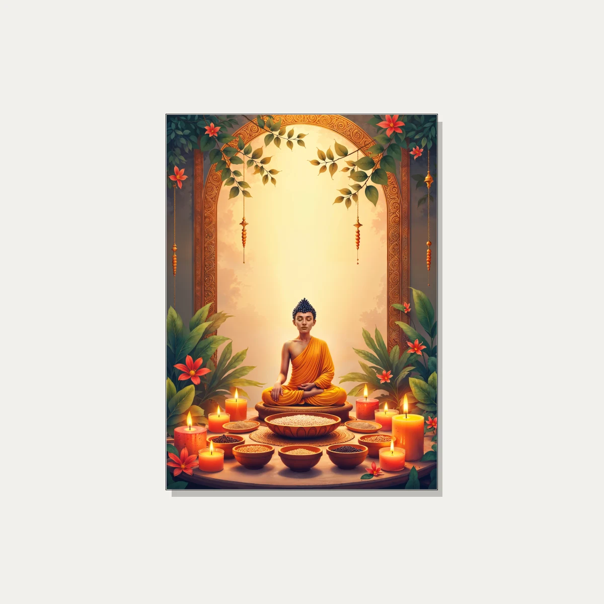 A serene digital painting of Gautama Buddha meditating in saffron robes, surrounded by glowing candles and bowls of grains. | PrintPosters.in