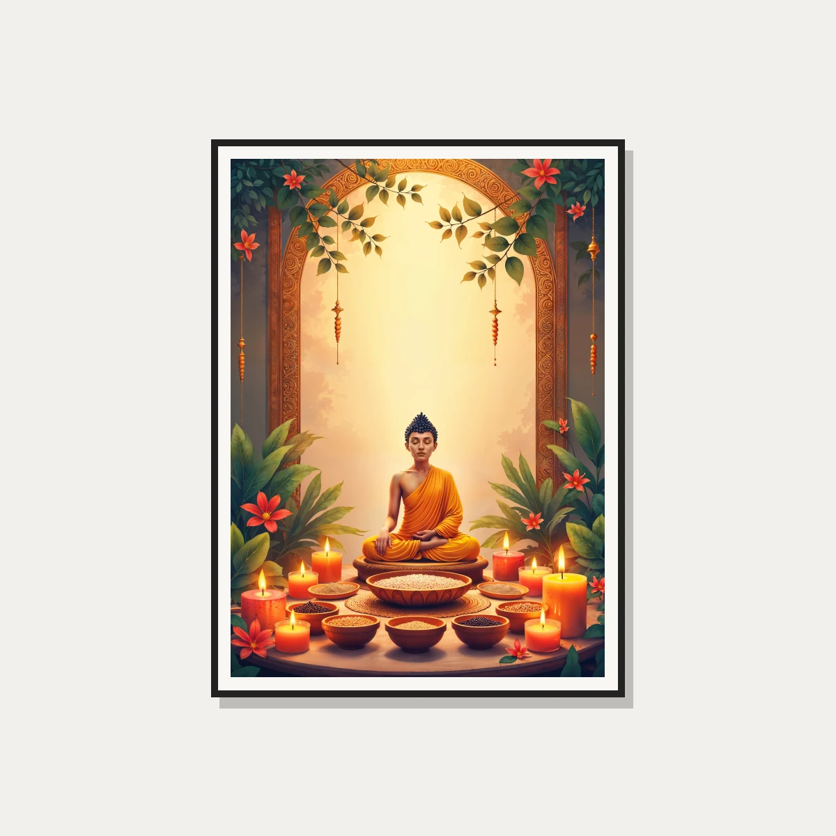 A serene digital painting of Gautama Buddha meditating in saffron robes, surrounded by glowing candles and bowls of grains. — photo frame preview | PrintPosters.in