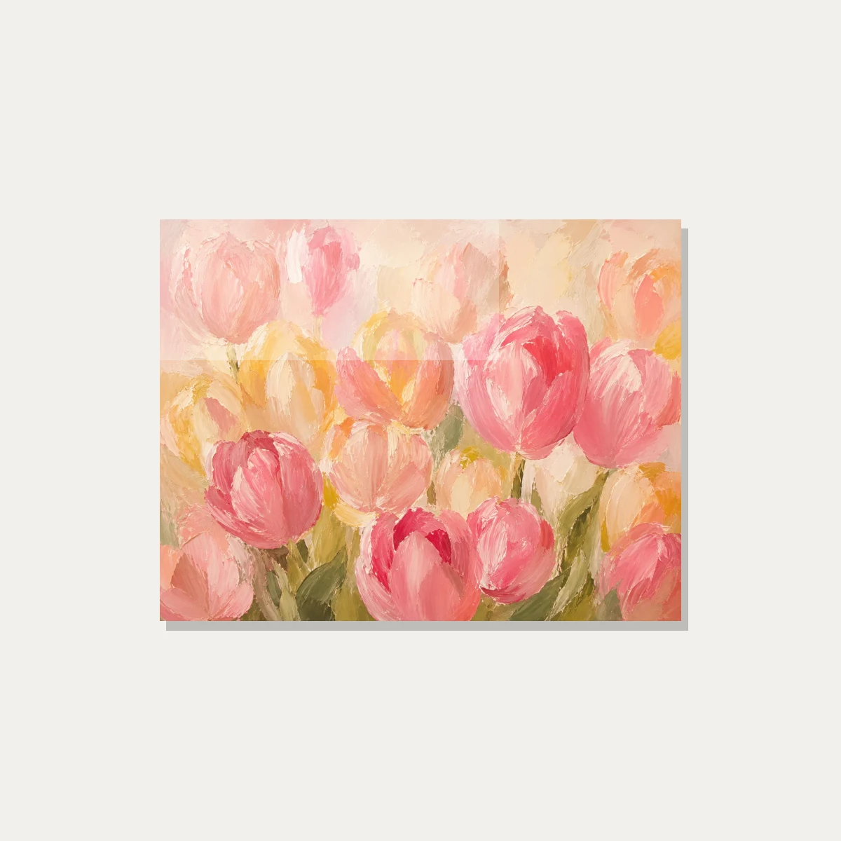 Thickly textured oil style artwork featuring dense pink and yellow tulip blooms in vibrant impasto strokes. — acrylic preview | PrintPosters.in