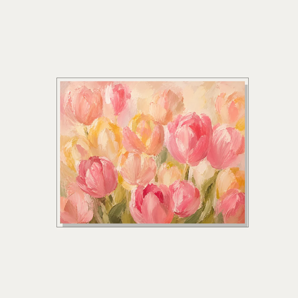 Thickly textured oil style artwork featuring dense pink and yellow tulip blooms in vibrant impasto strokes. — floater frame preview | PrintPosters.in