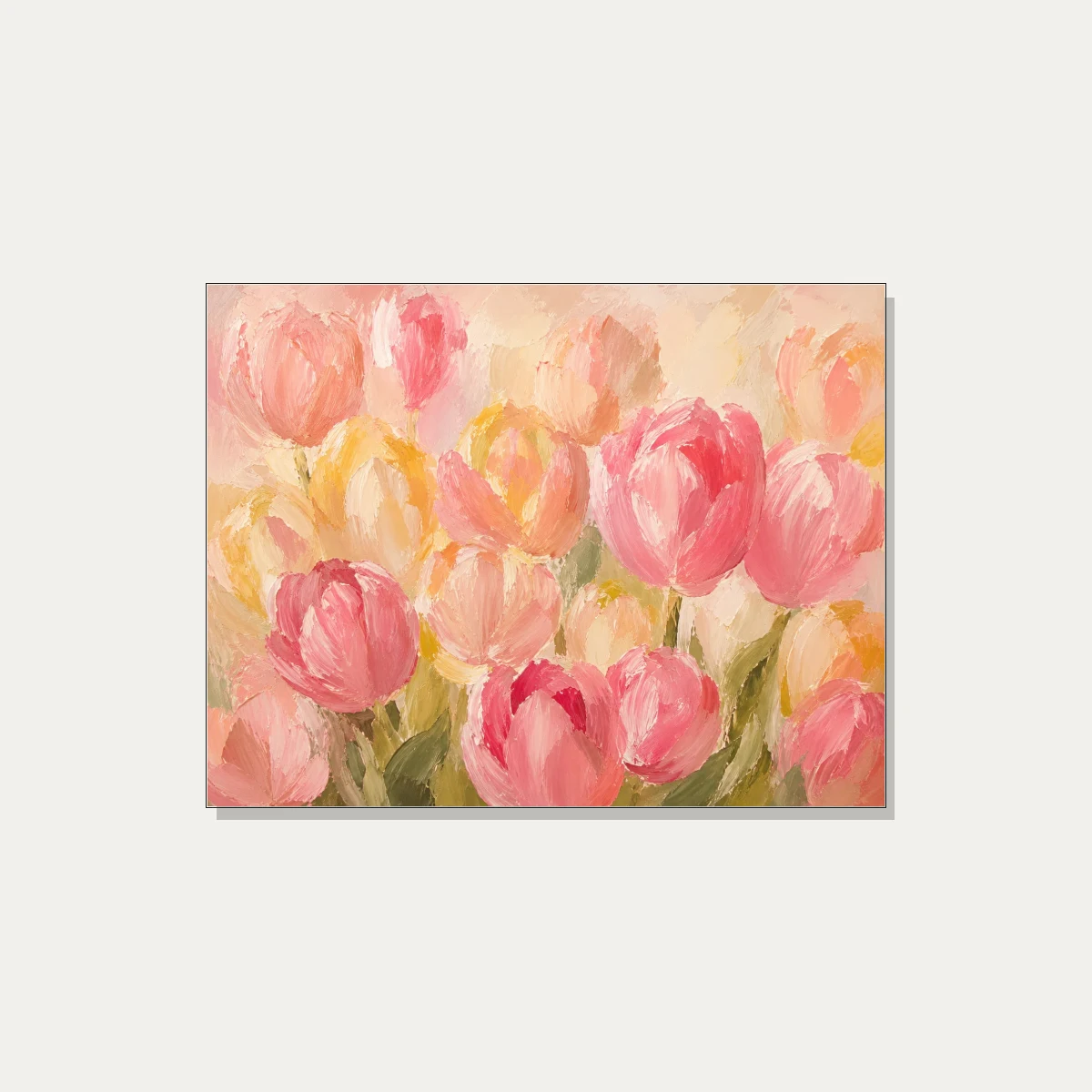 Thickly textured oil style artwork featuring dense pink and yellow tulip blooms in vibrant impasto strokes. | PrintPosters.in