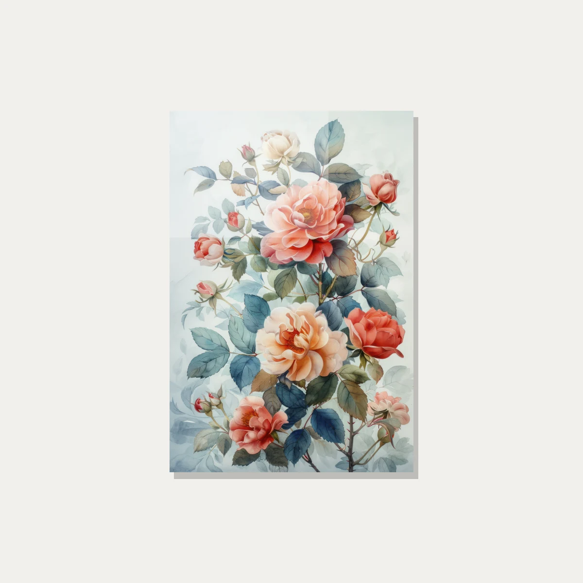 Soft watercolor illustration of peach and coral roses with muted blue-green leaves on light background. — acrylic preview | PrintPosters.in