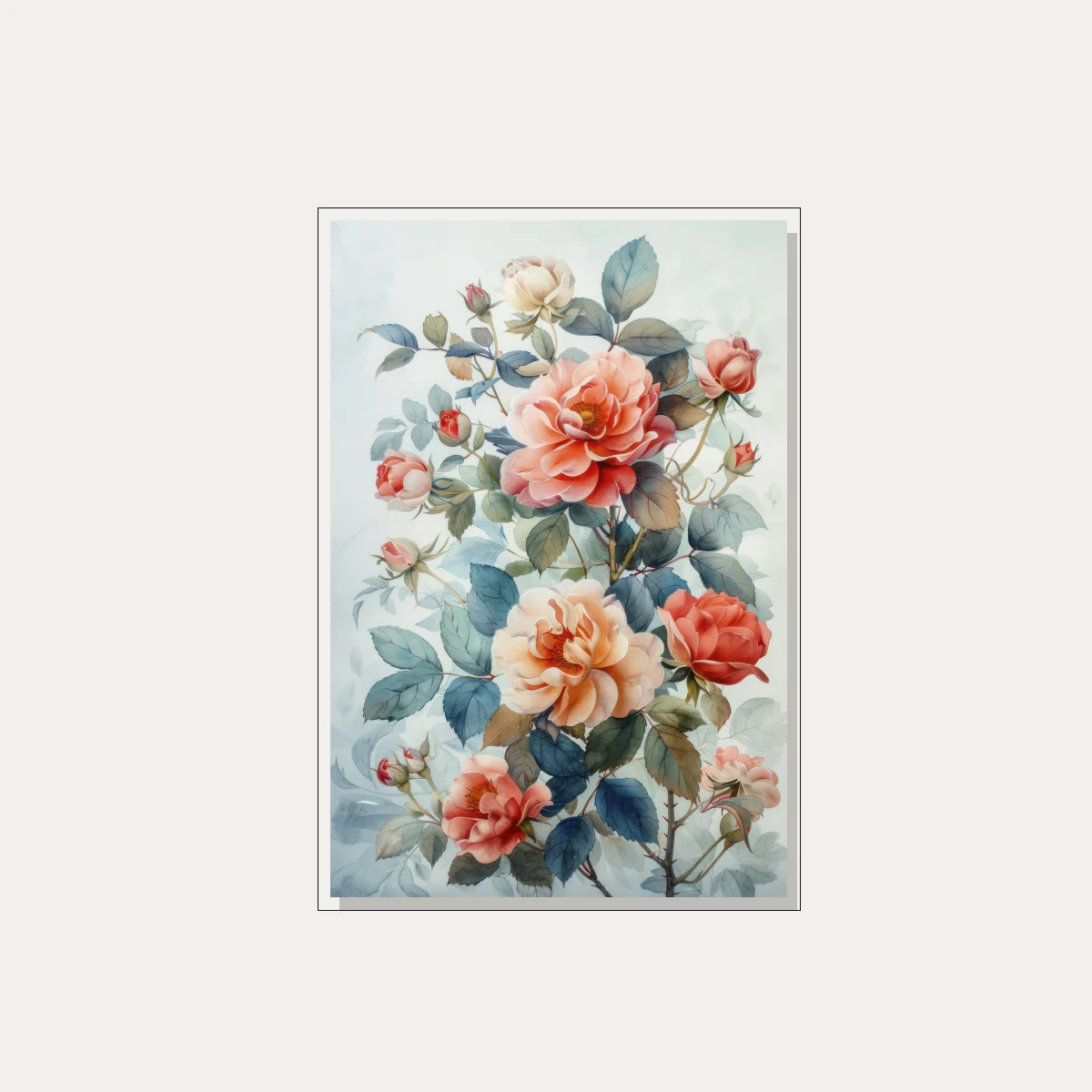 Soft watercolor illustration of peach and coral roses with muted blue-green leaves on light background. — floater frame preview | PrintPosters.in