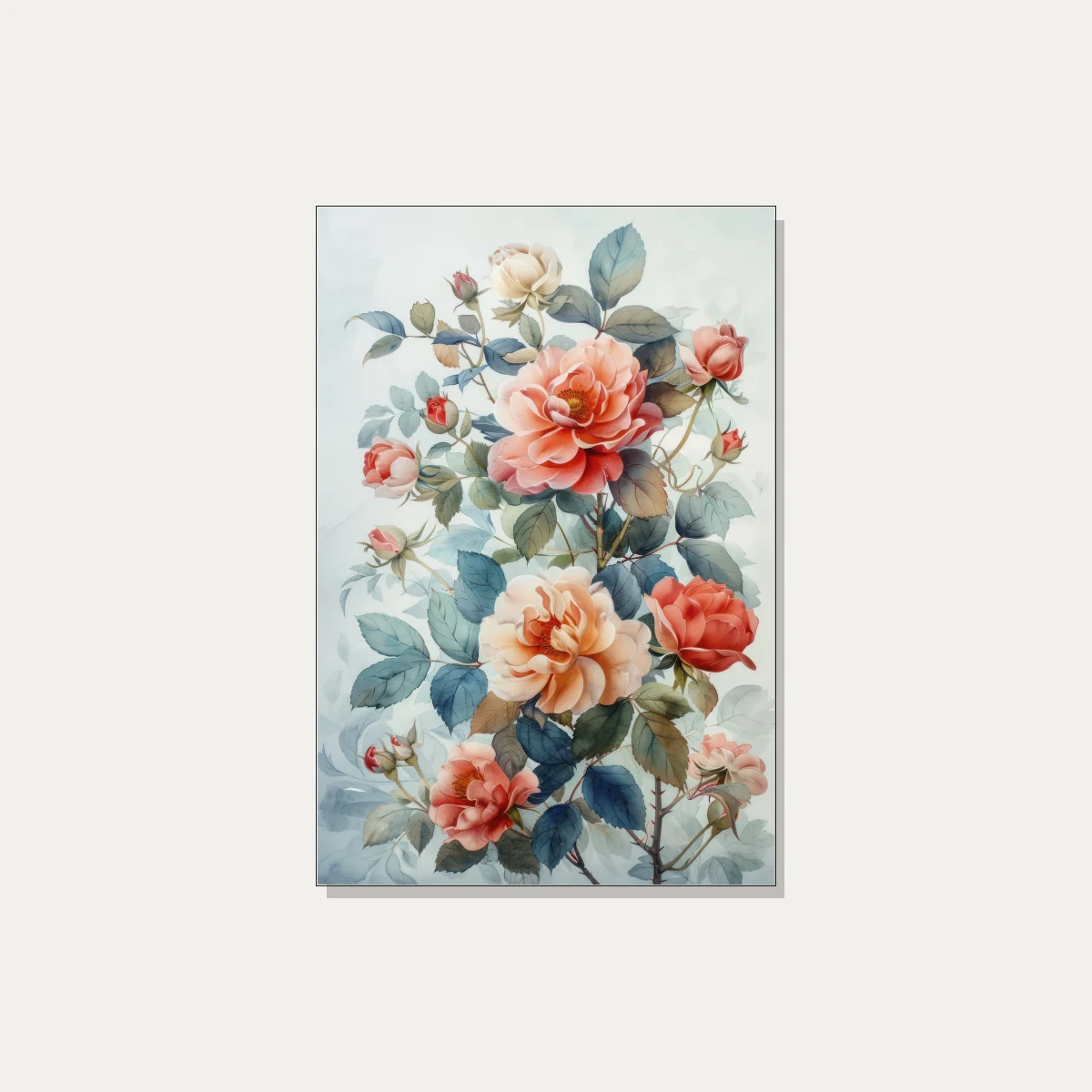 Soft watercolor illustration of peach and coral roses with muted blue-green leaves on light background. | PrintPosters.in