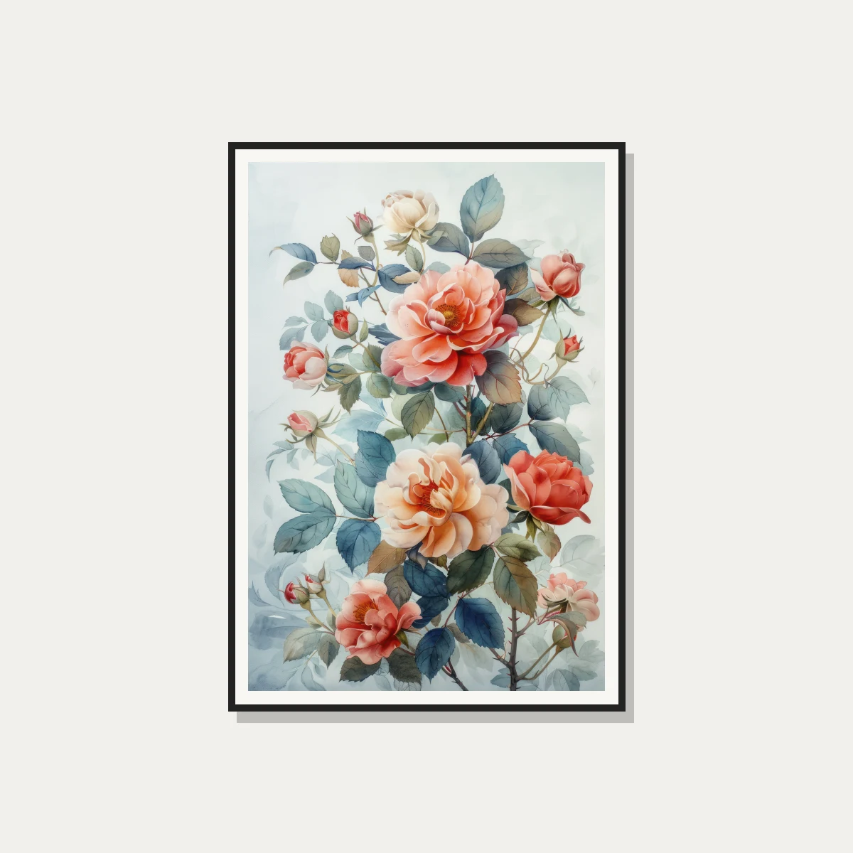 Soft watercolor illustration of peach and coral roses with muted blue-green leaves on light background. — photo frame preview | PrintPosters.in