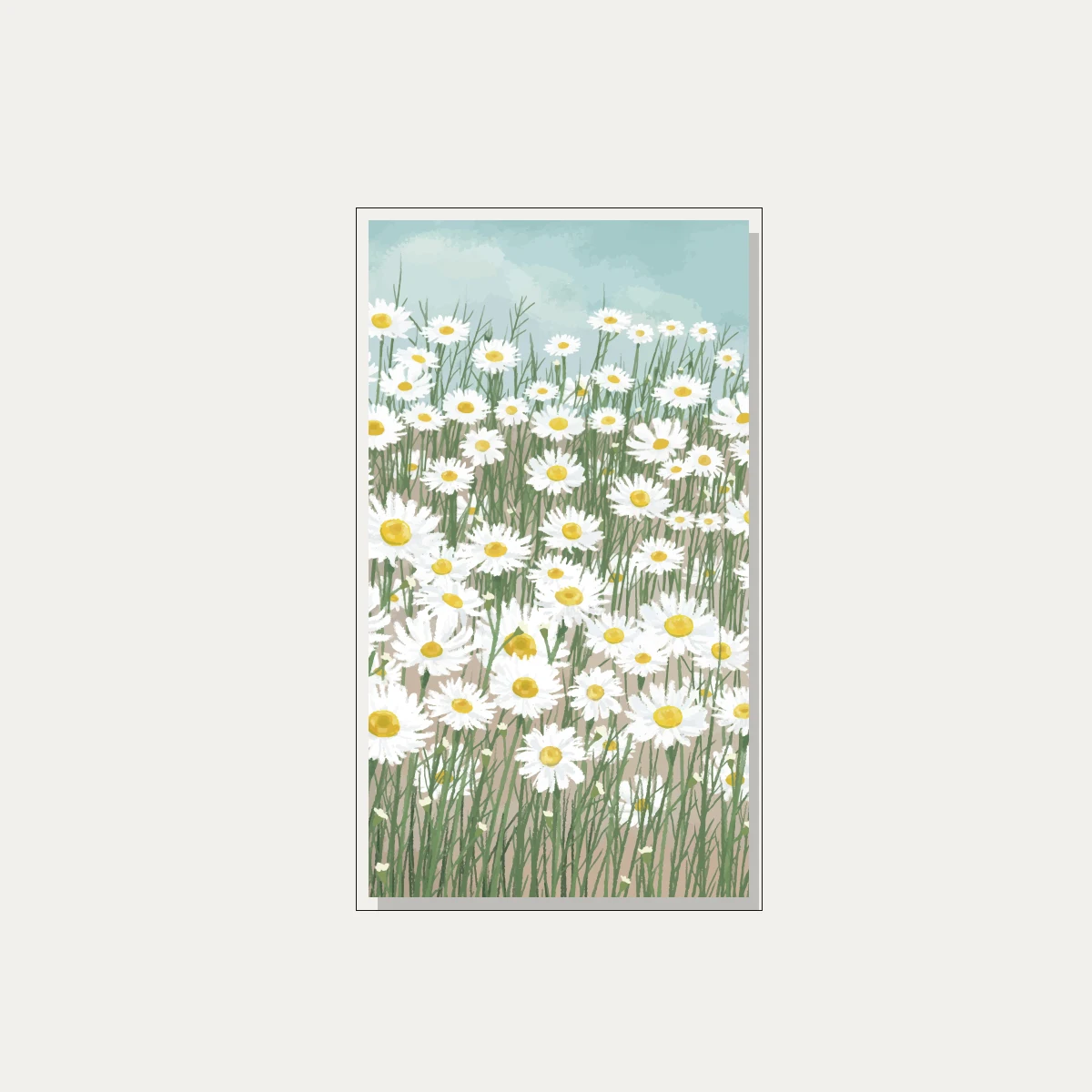Impressionistic painterly illustration of a dense field of blooming white daisies under a light blue sky. — floater frame preview | PrintPosters.in