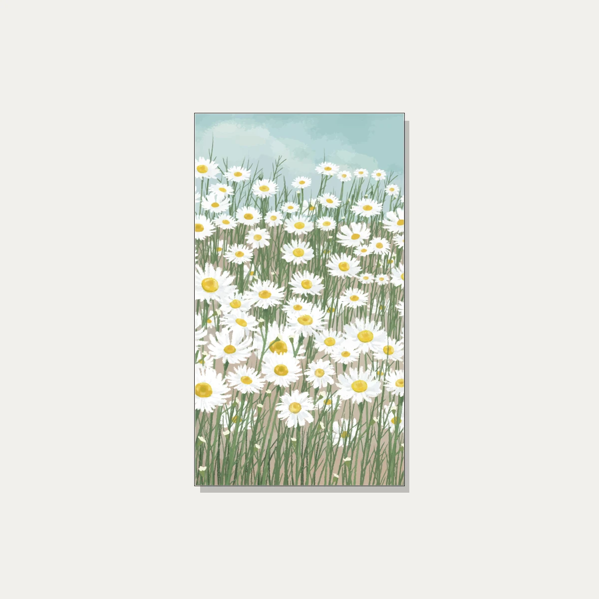 Impressionistic painterly illustration of a dense field of blooming white daisies under a light blue sky. | PrintPosters.in