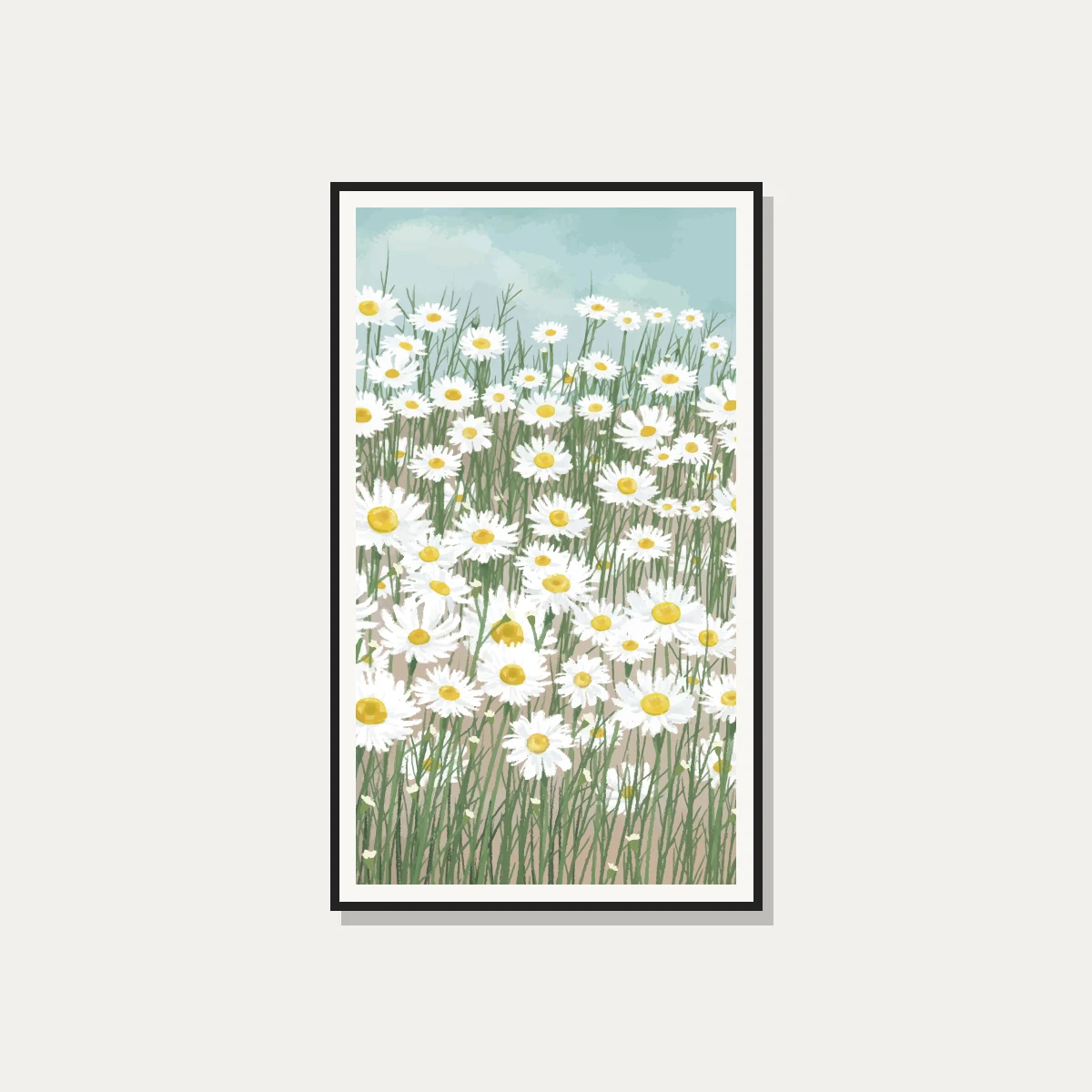 Impressionistic painterly illustration of a dense field of blooming white daisies under a light blue sky. — photo frame preview | PrintPosters.in