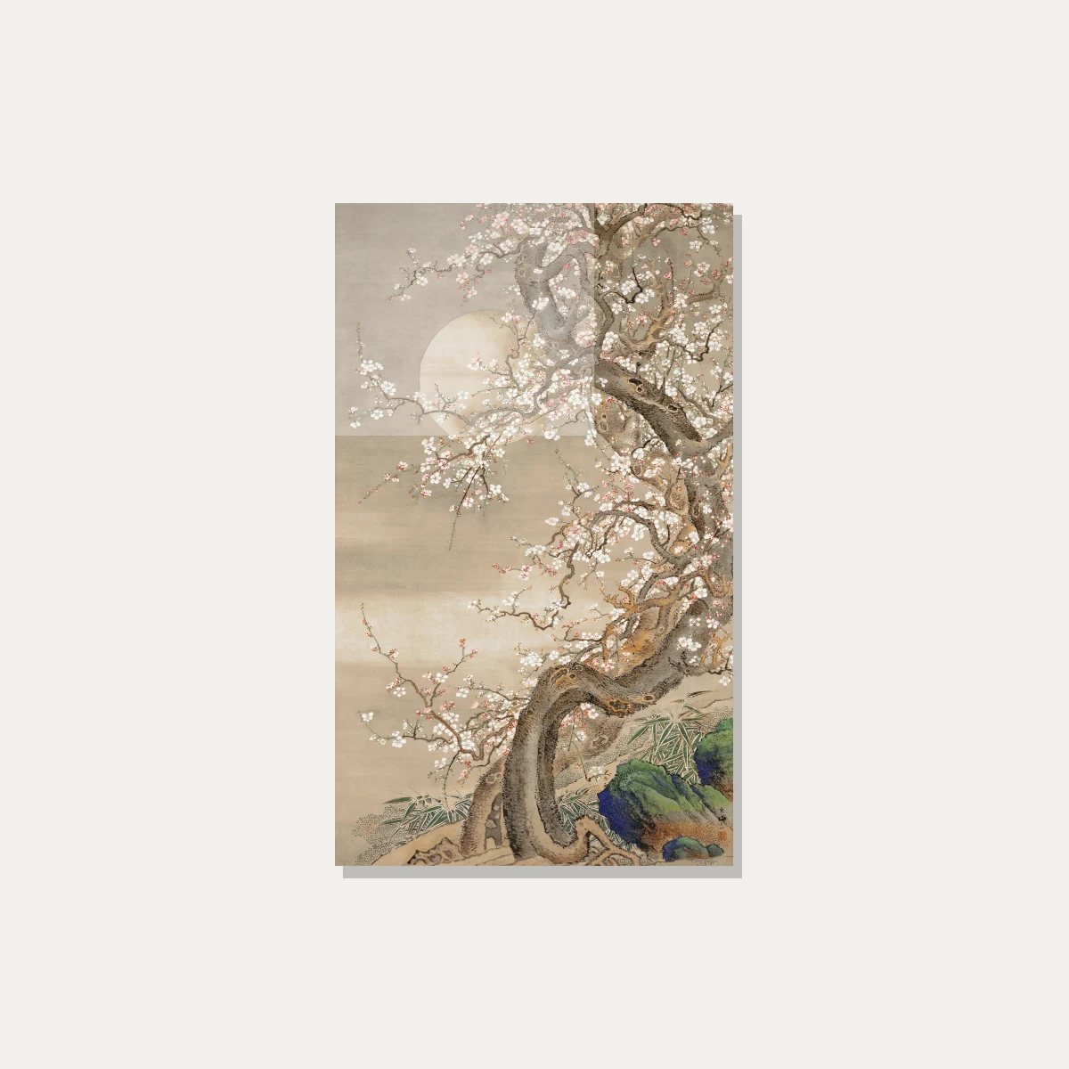 Traditional Asian ink painting of an ancient gnarled plum tree with white flowers against a glowing full moon. — acrylic preview | PrintPosters.in