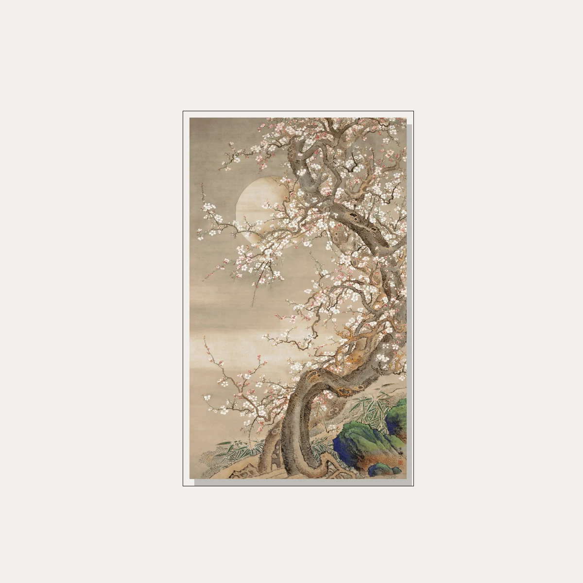 Traditional Asian ink painting of an ancient gnarled plum tree with white flowers against a glowing full moon. — floater frame preview | PrintPosters.in