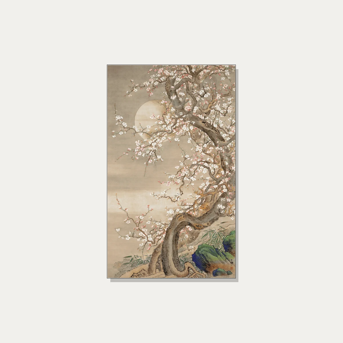 Traditional Asian ink painting of an ancient gnarled plum tree with white flowers against a glowing full moon. | PrintPosters.in
