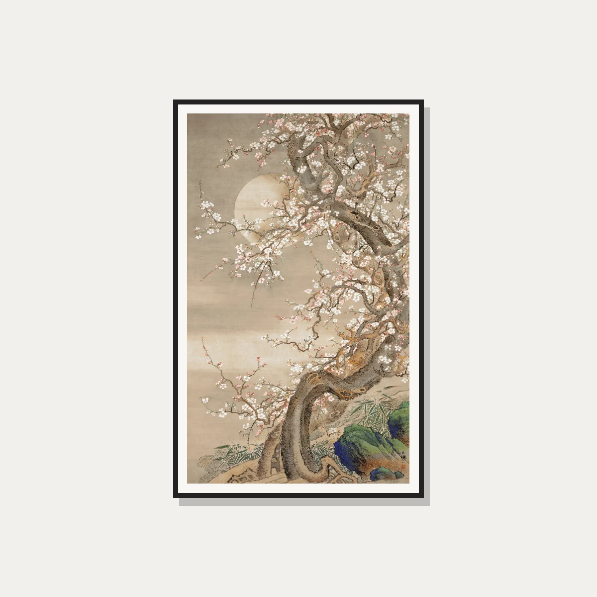 Traditional Asian ink painting of an ancient gnarled plum tree with white flowers against a glowing full moon. — photo frame preview | PrintPosters.in