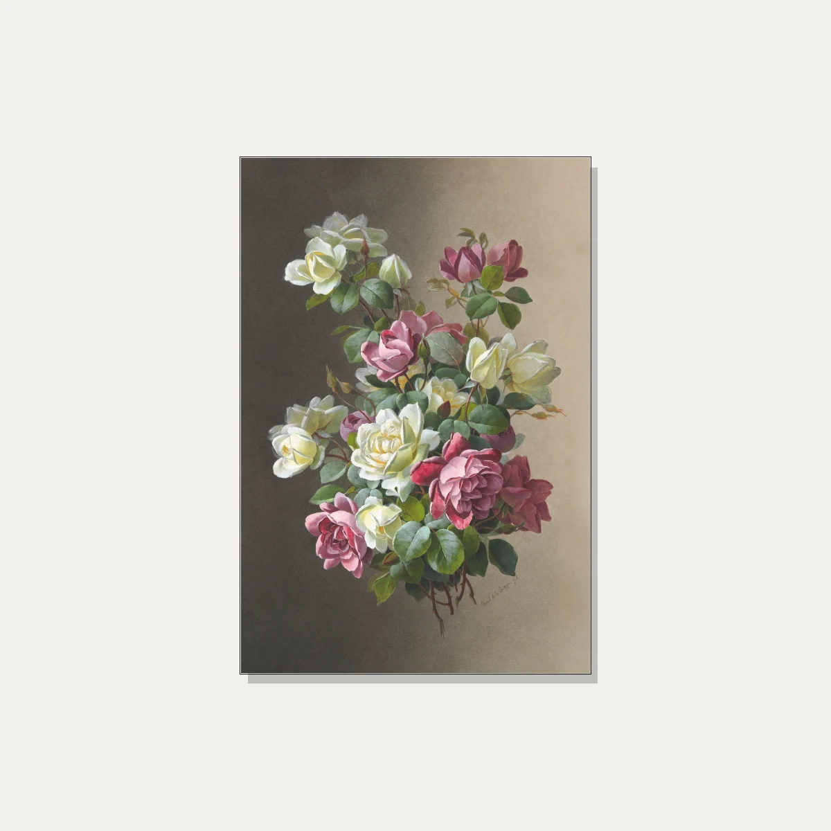 Classical botanical illustration of pink and creamy white roses blooming with rich green leaves on a warm dual-tone background. | PrintPosters.in