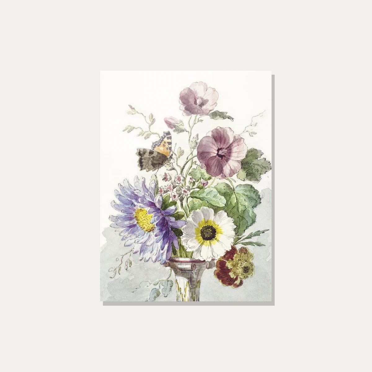 A delicate watercolor artwork of a floral bouquet with purple asters, hollyhocks, white flowers, and a perched butterfly. — acrylic preview | PrintPosters.in