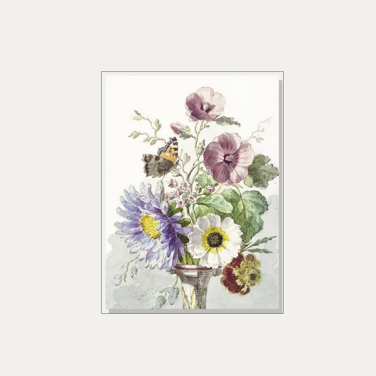 A delicate watercolor artwork of a floral bouquet with purple asters, hollyhocks, white flowers, and a perched butterfly. — floater frame preview | PrintPosters.in