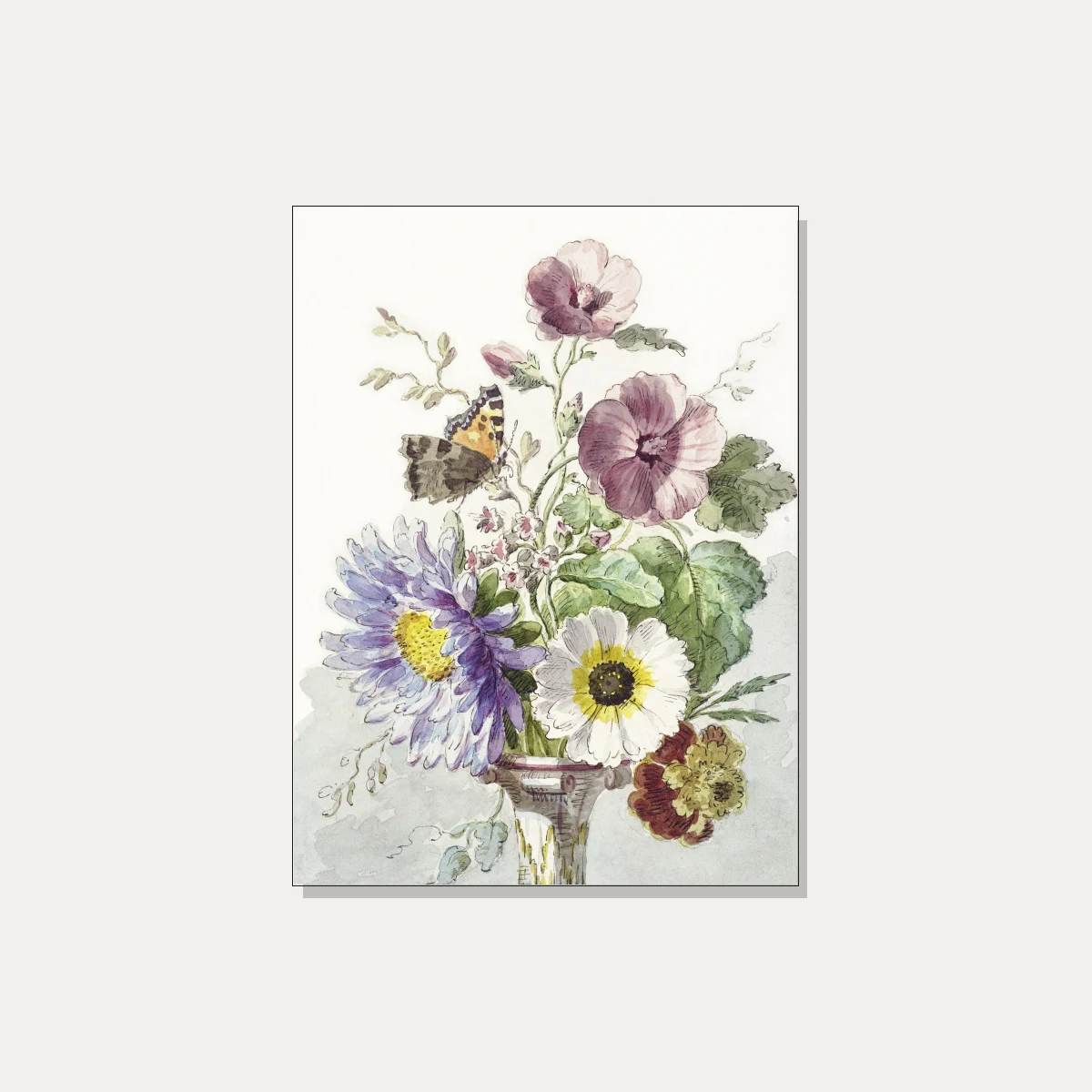 A delicate watercolor artwork of a floral bouquet with purple asters, hollyhocks, white flowers, and a perched butterfly. | PrintPosters.in