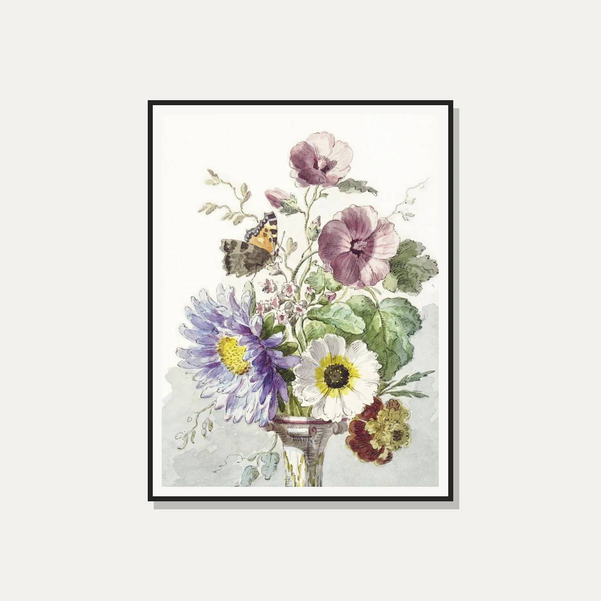 A delicate watercolor artwork of a floral bouquet with purple asters, hollyhocks, white flowers, and a perched butterfly. — photo frame preview | PrintPosters.in