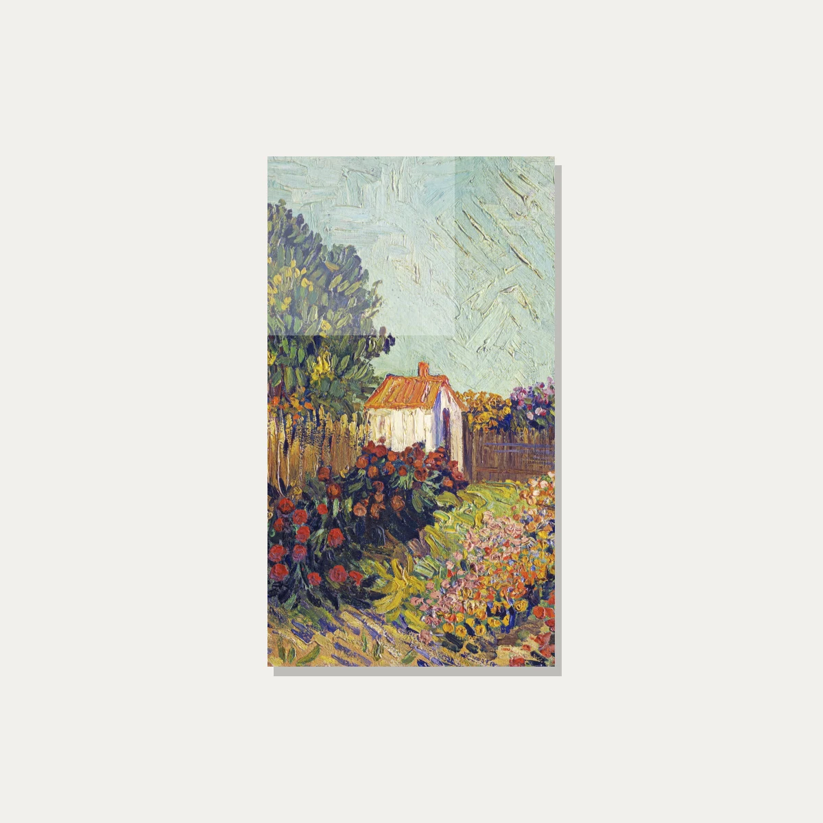 Impressionist style painting of a white cottage with orange roof among vibrant blooming flower beds and tall trees. — acrylic preview | PrintPosters.in